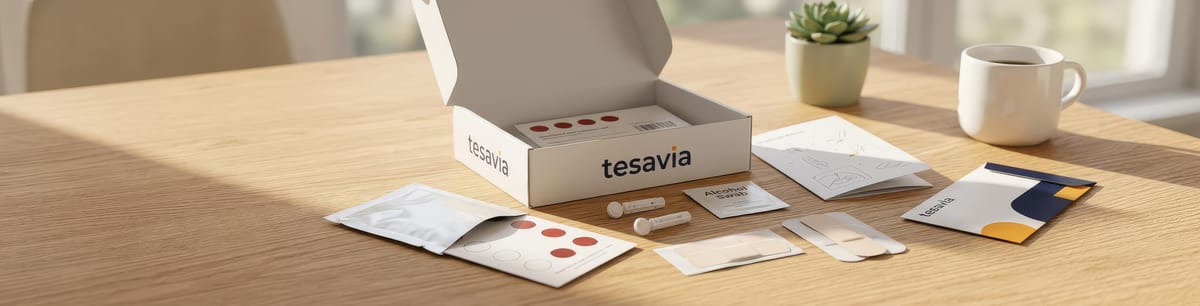 Tesavia Testkit auf einem Holztisch: geöffnete Box, Testkarte mit Blutstropfen, Lanzetten, Alkoholtupfer, Pflaster, Anleitung und Rücksendeumschlag